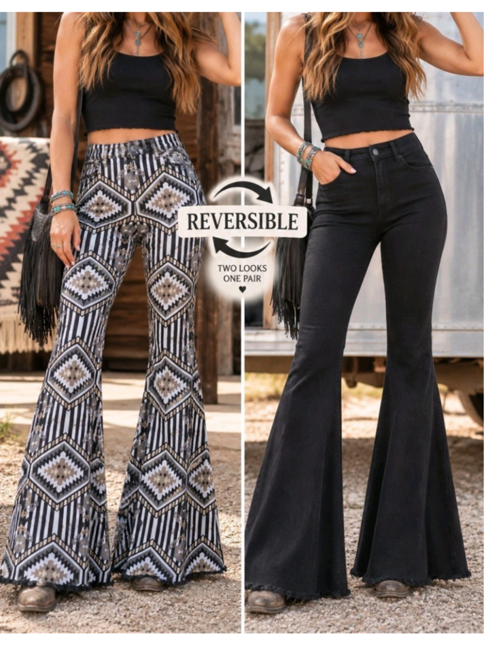 Rock & Roll Denim 25 Reversible Bell Bottom Jeans Aztec Western Black Flare